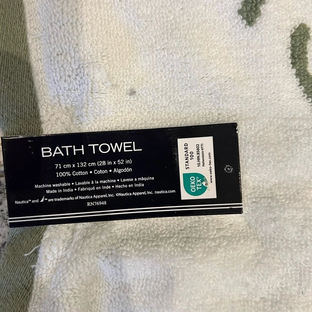 Nautica Olive Green & White Striped Towel Letters on the backside are inverted.